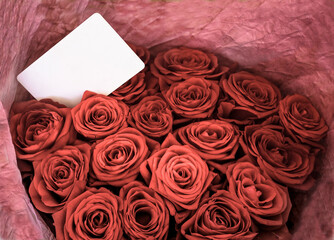 Bouquet of red roses with blank message sign for your text or message