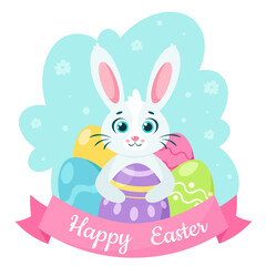 Obraz na płótnie Canvas Happy Easter greeting card. Bunny with Easter eggs. Vector illustration