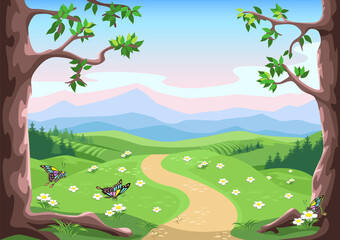 Obraz premium Fairytale background with trees, butterflies, flower meadow, mountains and pink-blue sky in cartoon style. Vector illustration.