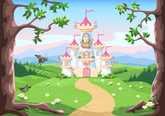 Fairy tale background with princess castle in the forest. Castle with pink flags, precious hearts, roofs, towers and gates in a beautiful landscape. Vector illustration for a fairy tale. © liana2012