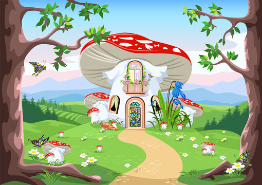Vector illustration of a mushroom house in a fly agaric with a balcony, a door and windows stands in a mushroom meadow. Illustration of a fairy tale on the background of a beautiful landscape.