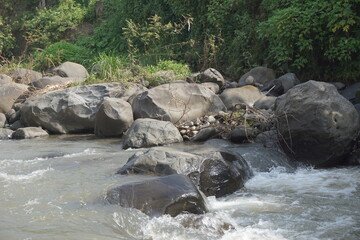 Naklejka na ściany i meble Big rock on the river with a natural background