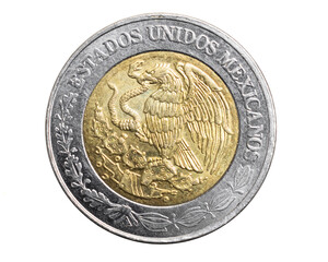 Mexicans one peso coin on a white isolated background