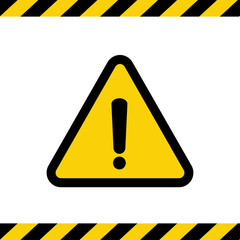 Black hazard warning attention sign or exclamation symbol in a yellow triangle icon with black and yellow striped vector illustration flat style on white background