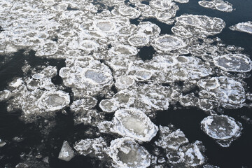 Ice drift top view. Global warming and melting of icebergs.