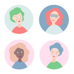 Obraz premium Graphic design illustration of girly me time skincare wellness self care beauty routine. Set of flat design female young women avatar icons. Salon procedure beauty regimen. wearing face mask, eye mask