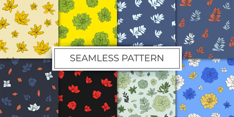 Naklejka premium collection of seamless pattern flowers succulents graphic sketch hand drawn multicolor