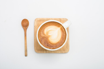 Top view image of Coffee cup with latte art on top white background