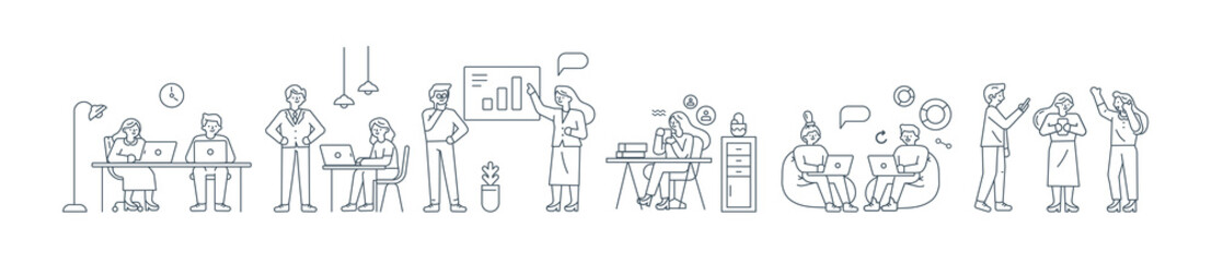 Outline drawing cartoon business people. Doodle characters. Vector illustration.