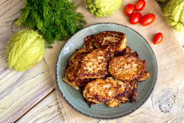 Fresh pancakes of fruit mexican, healthy liana (Sechium edule) and vegetables close-up