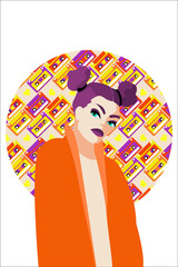 A bold, vibrant poster with retro geometric touches. Banner design featuring a young urban girl. For printing prints, banners, T-shirts, factories, postcards. Psych Out trend