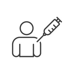 Human vaccination icon against coronavirus. A simple image of a man and a syringe. A prick in the arm. Simple isolated image, linear vector on a pure white background.