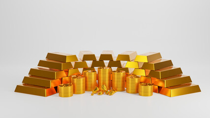 gold bars, gold coins  isolated white background,3d rendering banking