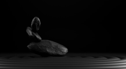 Stone podium product on black background. 3d rendering