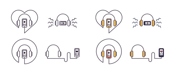 A set of icons emblems headphones and phone. Music in headphones via the phone.