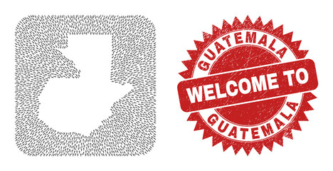 Vector mosaic Guatemala map of navigation arrows and rubber Welcome seal stamp. Mosaic geographic Guatemala map constructed as carved shape from rounded square shape with motion arrows.