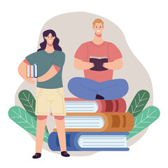 readers couple reading books with leafs