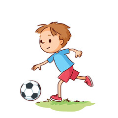 Teenage soccer player boy kid in sport wear uniform playing football and kicking ball on the run on the sports field grass as forward attacker, striker. Flat vector clipart isolated illustration.