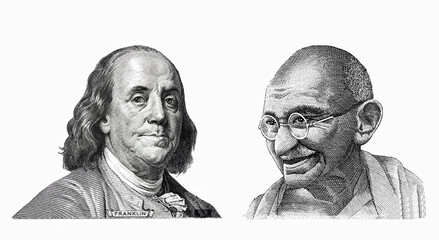 Benjamin Franklin cut on new 100 dollars banknote and Mahatma Gandhi cut on old 10 Indian rupee - obrazy, fototapety, plakaty