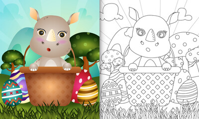 coloring book for kids themed happy easter day with character illustration of a cute rhino in the bucket egg