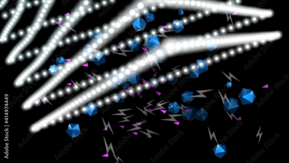 Poster an abstract requiring triangle of white blurry balls on a black background and a background of flyin