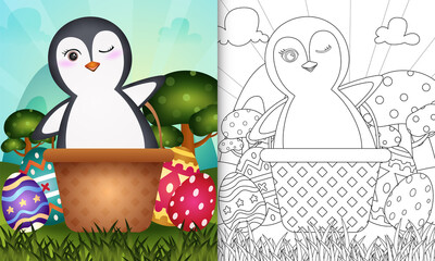coloring book for kids themed happy easter day with character illustration of a cute penguin in the bucket egg