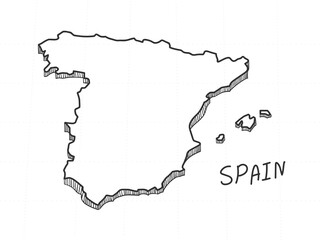 Hand Drawn of Spain 3D Map on White Background. 