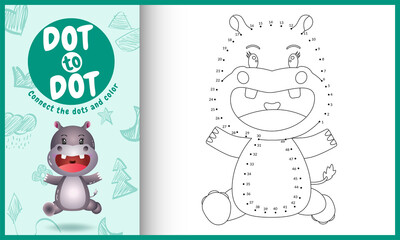 Connect the dots kids game and coloring page with a cute hippo character illustration