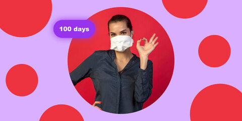 Woman in protective face mask on bright studio background. New rules of COVID spreading prevention. Copyspace for ad. Pandemic, healthcare and medicine, coronavirus concept. Flyer. Biden's 100 days
