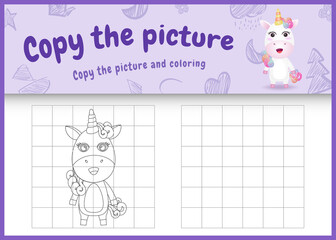 copy the picture kids game and coloring page with a cute unicorn character illustration