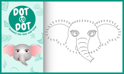 Connect the dots kids game and coloring page with a cute face elephant character illustration