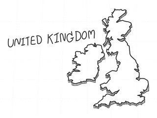 Hand Drawn of United Kingdom 3D Map on White Background. 