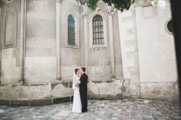 Perfect couple bride, groom posing and kissing in their wedding day