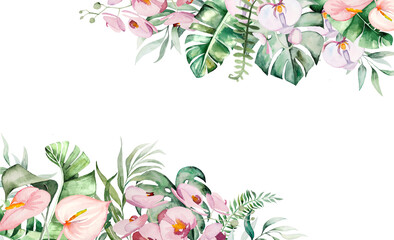 Watercolor tropical flowers and leaves border illustration © katrinshine