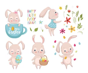 Fotobehang Speelgoed Gelukkig Pasen. Set van schattige konijntjes. Elementen voor groet, uitnodigingskaart. Vectorillustratie EPS10