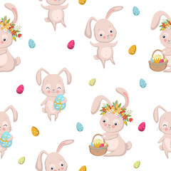 Easter seamless pattern with bunnies, eggs, easter pies and flowers on white background. Vector illustration