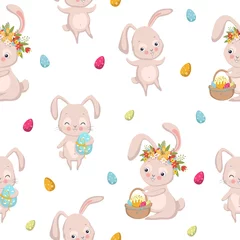 Muurstickers Speelgoed Pasen naadloze patroon met konijntjes, eieren, pasen taarten en bloemen op witte achtergrond. vector illustratie