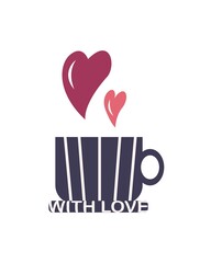 A coffee cup with a saucer, from which hearts fly out. With love - the inscription on the saucer. Vector illustration for design of a greeting card, poster or banner. modern design concept in flat sty