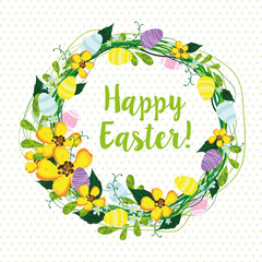 Fototapeta premium Easter wreath with flowers and eggs, vector illustration eps10