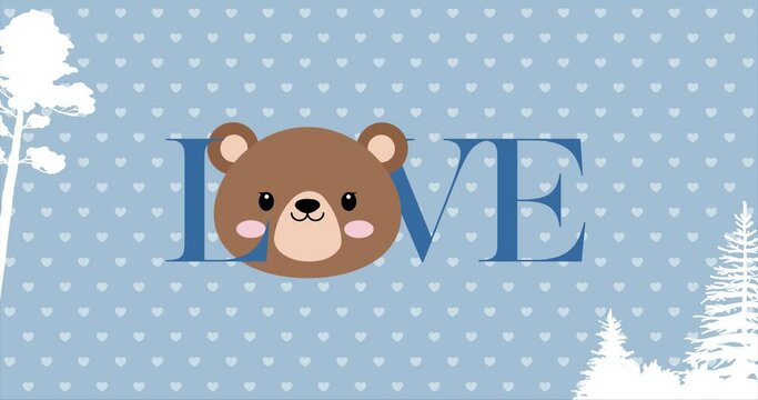 Cute baby bear face with Love typography text. The baby face is like beating heart. Animation made in 4K cartoon vector design. For Baby shower, celebration, invite, postcard...