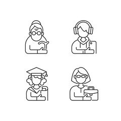 Age and gender differences linear icons set. Female pensioner. Male teenager. Adulthood. Female student. Customizable thin line contour symbols. Isolated vector outline illustrations. Editable stroke