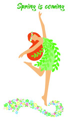 Red-haired girl in a dress made of green branches and with a floral wreath on her head, the inscription 