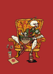 Digital art. Poster. A skeleton sits in a vintage chair and eats noodles along with a yellow bird.
