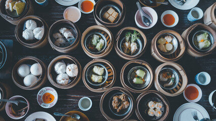 Top view of Thai dim sum food at restaurant in Phuket, Thailand. Vintage color style.