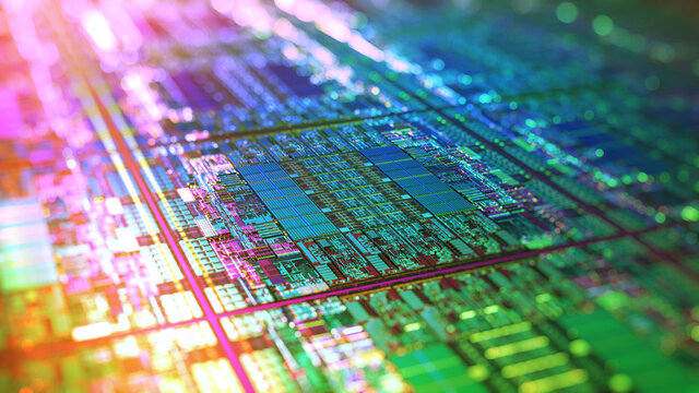 Iridescent Silicon Microchip Computer Wafer. 7nm, 5nm and 3nm manufacturing process. Semiconductor manufacturing of CPU, GPU, CMOS chip design.  Integrated circuit Die shot. 3D render. 