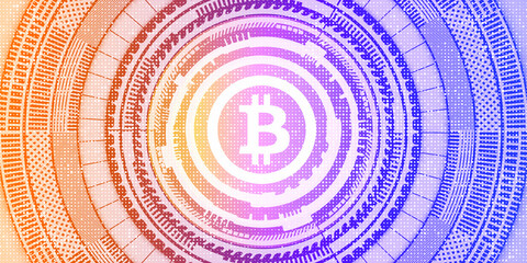 Bitcoin Technology banner Cryptocurrency trading and mining investment concept Colorful futuristic financial background