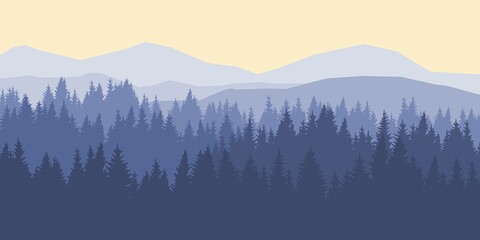 Vector silhouettes spruce forest and mountains. Early morning or evening