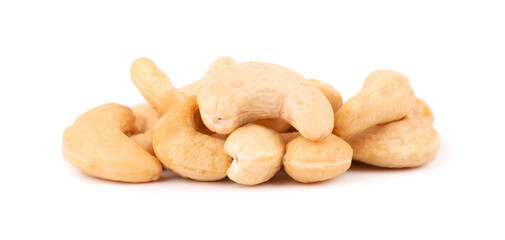Cashew nuts isolated on white background. Roasted cashew nuts.