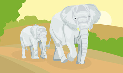 Family of African elephants. isolated image elephant and cub. Nature and animals of Africa. Animals of the circus, zoo. Nature reserves and national parks. The elephant walks. vector