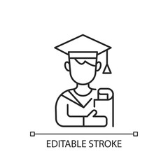 Male student linear icon. Early adulthood. Establishing identity. Pursuing education. Thin line customizable illustration. Contour symbol. Vector isolated outline drawing. Editable stroke